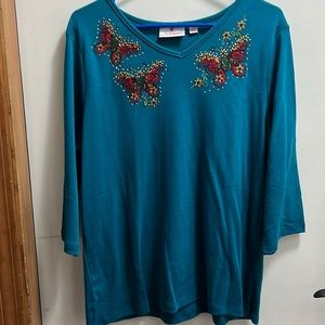 NWT- Quacker Factory 3/4 Sleeve Teal Shirt with sparkly Butterflies size L